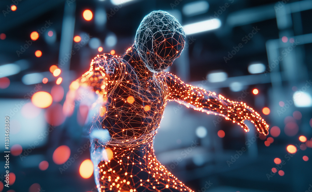 Poster futuristic glowing human figure: a digital figure composed of interconnected glowing lines and parti