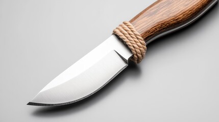 Obraz premium High-Quality Close-Up of a Handmade Knife with a Smooth Blade and Wooden Handle Tied with Twine, Ideal for Craftsmanship and Kitchen Use