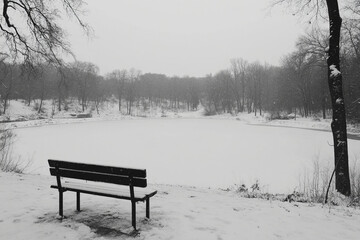 Large winter snowy park with frozen lake. 