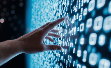 Hand touching binary code: A hand reaching out to touch glowing binary numbers on a futuristic digital screen, symbolizing technology and data interaction.
