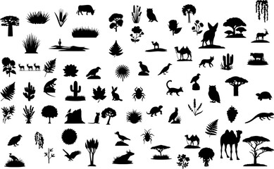 Fototapeta premium Vector Desert Animals and Plants Silhouettes