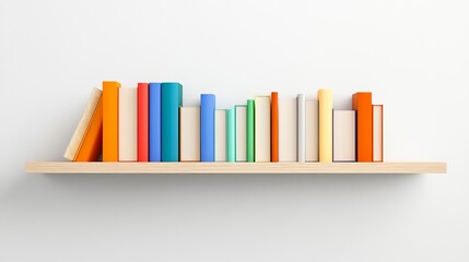 Obraz premium Colorful Books Arranged Neatly on a Wooden Shelf Against a White Background, Perfect for Illustrating Themes of Education, Learning, and Knowledge