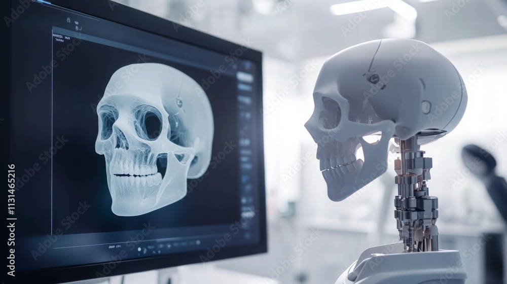 Poster A digital display showcases a 3D model of a skull while a robotic skeleton stands beside it.
