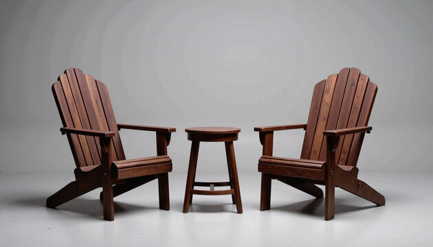 Two wooden Adirondack chairs with side table.