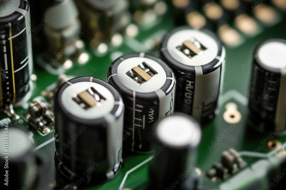 Poster close-up view of various electronic components on a circuit board