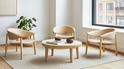 Fototapeta premium Modern light wood furniture set, featuring a round coffee table and three armchairs, arranged in a casual, cozy grouping in a minimalist living room with large windows.