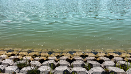 Close-up of a lake's edge with turquoise water and hexagonal concrete tiles covered in grass,...