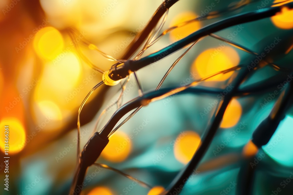 Poster close-up of a tree branch with string lights in the background, perfect for night scenes or special 