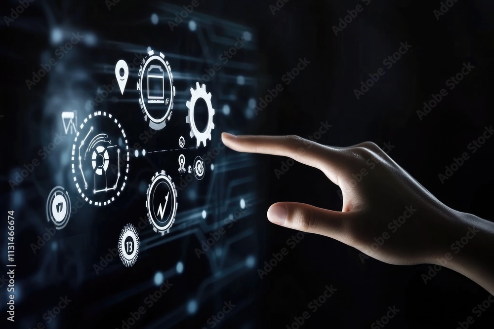 Poster a person presses a button on a computer screen