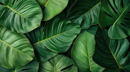 Obraz premium Watercolor texture and vibrancy, A vibrant arrangement of lush green leaves, showcasing their rich textures and various shapes, creating a serene and natural backdrop.
