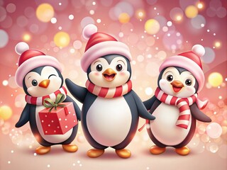 Fototapeta premium Delightful Christmas penguins adorned with gifts and candy canes, illustrated with a dreamy bokeh effect against a pink backdrop, perfect for festive holiday cheer and celebrations.