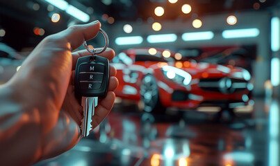 Fototapeta premium A hand holds a car key in front of a red sports car in a showroom. Concept of luxury, automobile, ownership