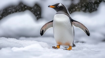 Fototapeta premium Gentoo penguin standing in snow, wings slightly raised.