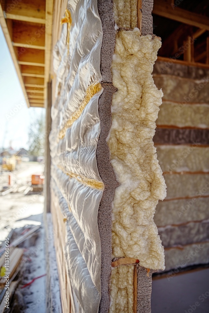 Poster exterior view of a building with insulation installed on one side for energy efficiency and thermal 