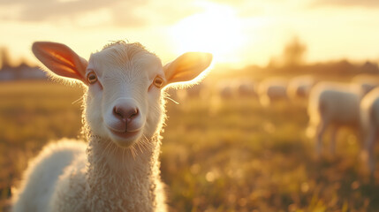 Obraz premium Lamm auf der Wiese schaut neugierig in die Kamera