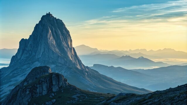 The majestic stetind mountain rises proudly against a backdrop of layered mountain ranges, bathed in the soft, golden light of dawn, creating a breathtaking panorama of the norwegian wilderness