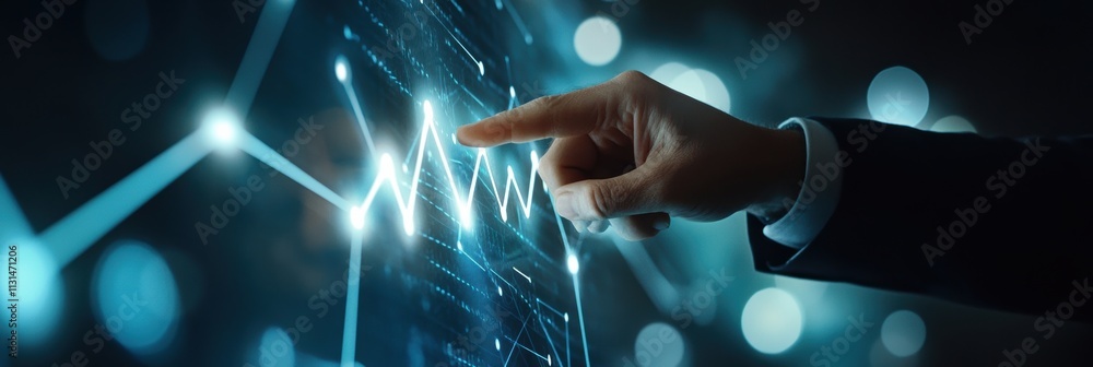 Poster A skilled business professional interacts with a virtual interface showing an upward trend, symbolizing progress, strategy, and goal setting in a constantly evolving digital landscape
