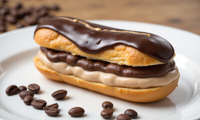 A mocha mousse-flavored eclair, with a glossy, caramelized glaze and filled with a creamy coffee