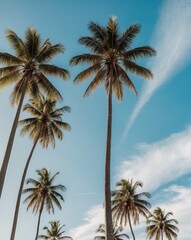 Fototapeta premium Idyllic Tropical Scene Highlighting Palm Trees and a Bright Blue Sky for a Peaceful Vacation Vibe