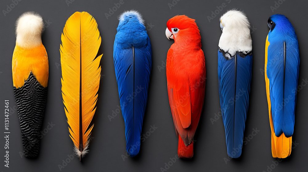 Poster feathers & parrots: a colorful collection of parrot feathers and parrots against a dark background s