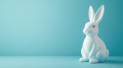 Obraz premium White Easter Bunny figurine on a light blue background.