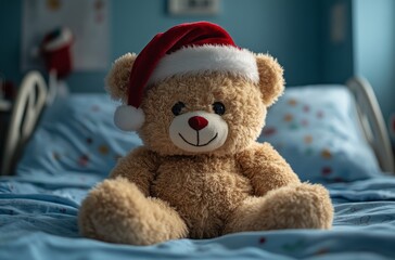 Fototapeta premium Christmas Teddy Bear on Bed