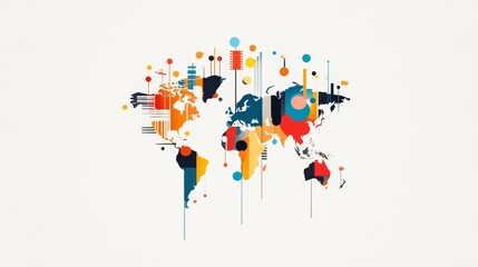 Obraz premium Abstract World Map Illustration with Colorful Design Elements Representing Global Data, Trends, and Connections in a Modern Art Style