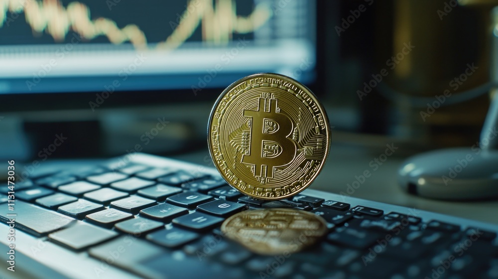 Poster a digital currency icon sitting on a computer keyboard, symbolizing the intersection of technology a
