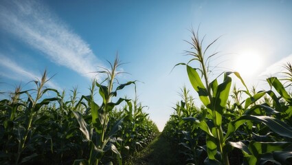 Obraz premium corn field in spring with blue sky background