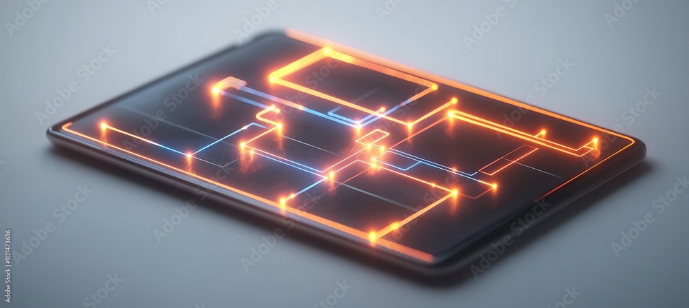 Poster a creative depiction of a business process flowchart on a digital tablet, with glowing lines connect