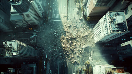 Urban scene with a massive street collapse between tall buildings viewed from above. Concept of destruction and urban disaster.