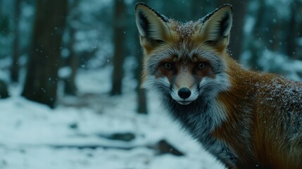 Obraz premium Red fox in snowy forest, looking at camera.