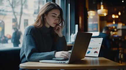 Fototapeta premium Young businesswoman analyzing data in coffee shop while freelancing and teaching students online