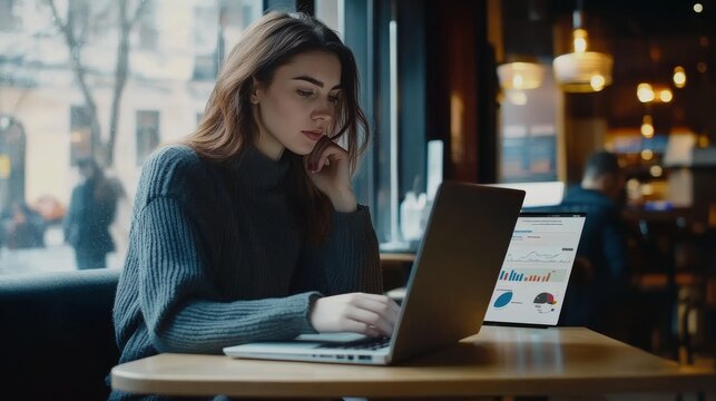 Young businesswoman analyzing data in coffee shop while freelancing and teaching students online