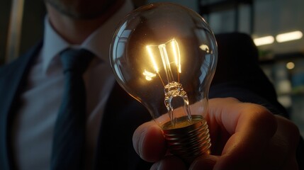 A businessman holds a light bulb, often used for presentations or marketing ideas