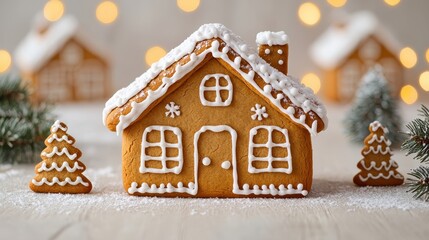A charming gingerbread house decorated with icing, surrounded by small trees, evoking a cozy holiday atmosphere.
