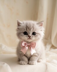 Fototapeta premium Cute fluffy kitten with big eyes and a pink bow sitting sweetly in a pastel background