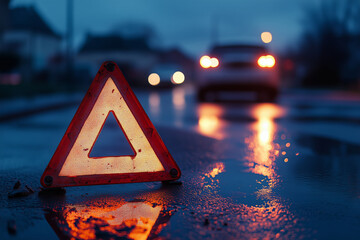 Car breakdown warning triangle illuminated in evening rain on urban street