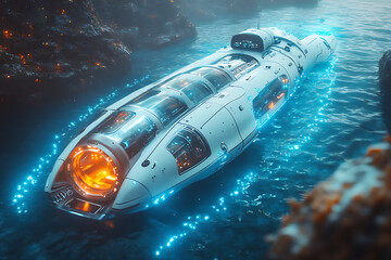 Fototapeta premium A sleek and modern bathyscaphe or submarine illuminated by glowing blue lights, deep underwater in the serene darkness of the ocean, symbolizing exploration and technology.