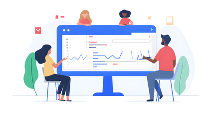 A diverse team collaborates around a large computer screen displaying graphs and charts. They are analyzing data and discussing insights, showcasing teamwork and data analysis in a modern workplace.