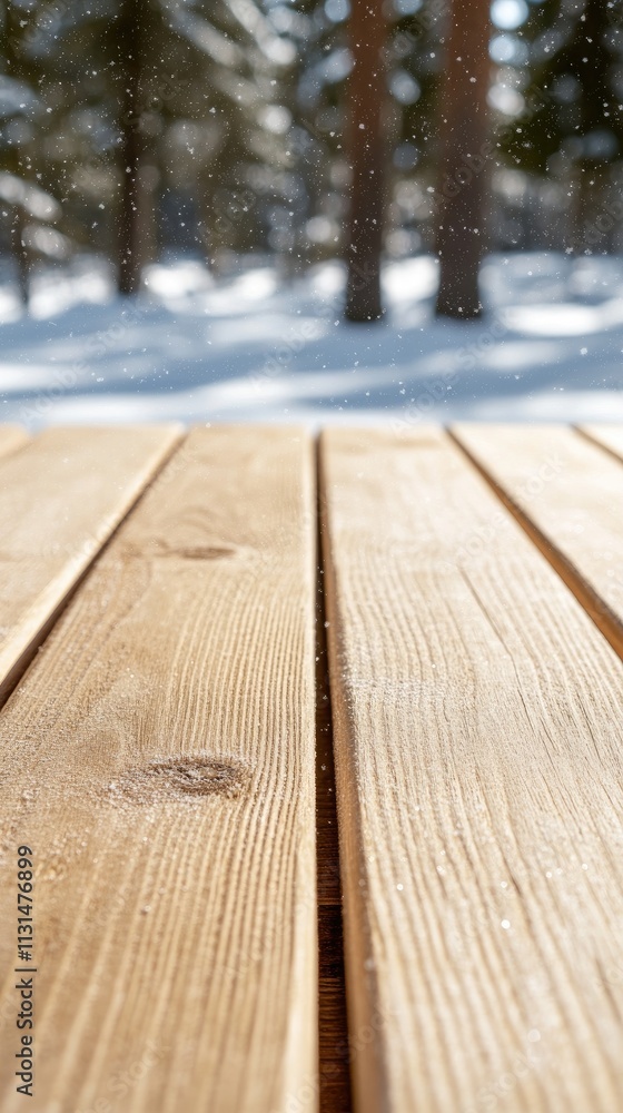Poster winter wooden table in a snowy forest with falling snowflakes creating a serene atmosphere for creat