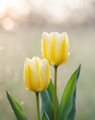 Fototapeta premium Two Yellow Tulips Glistening With Dew Drops