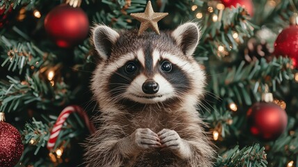 A cute raccoon with a star on its head poses in front of a decorated Christmas tree, surrounded by ornaments and festive lights.
