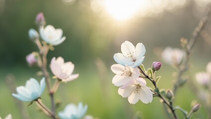 Fototapeta premium A Serene Representation of Hope in Nature with Blossoming Flowers and Soft Sunlight
