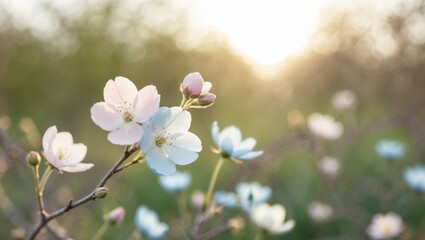 Fototapeta premium A Serene Representation of Hope in Nature with Blossoming Flowers and Soft Sunlight
