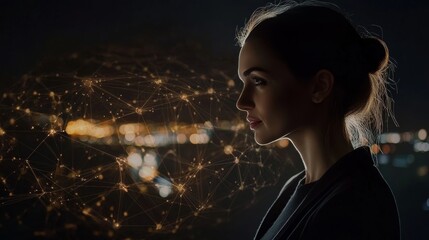 Businesswoman illustrating global network architecture and data exchange connections on dark canvas
