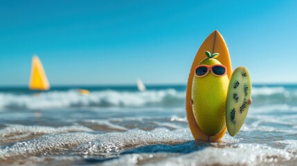 Obraz premium Funny fruit surfer on a surfboard in ocean waves.
