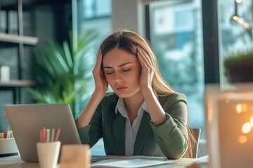 Obraz premium Business woman, headache and tech with burnout, tired and stress, modern office