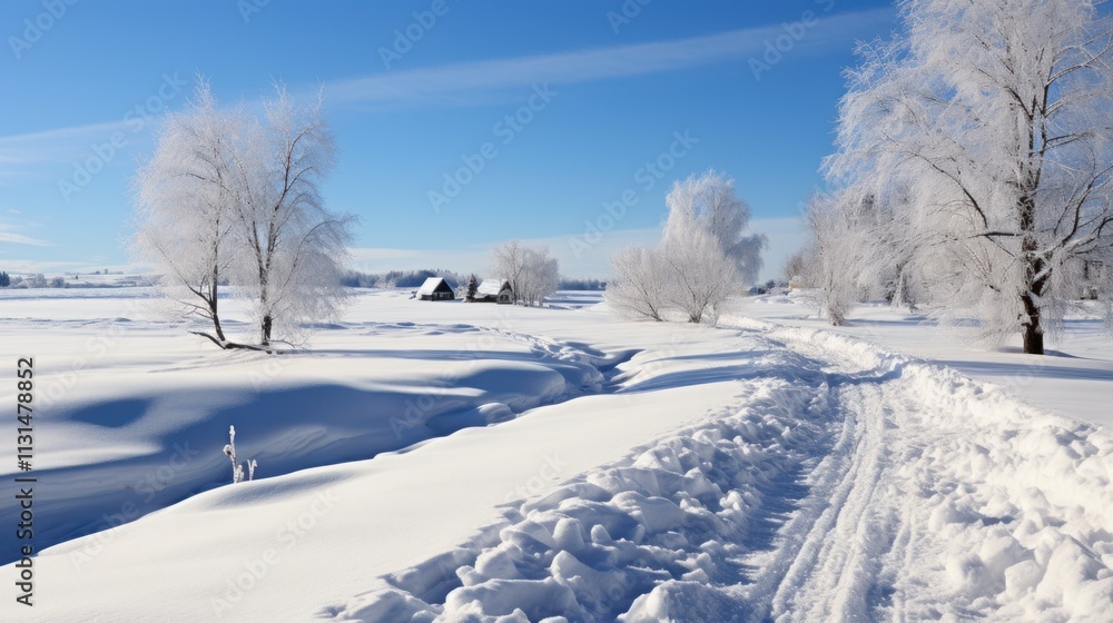 Poster a tranquil winter morning with snow blanketing fields and trees, creating a serene atmosphere