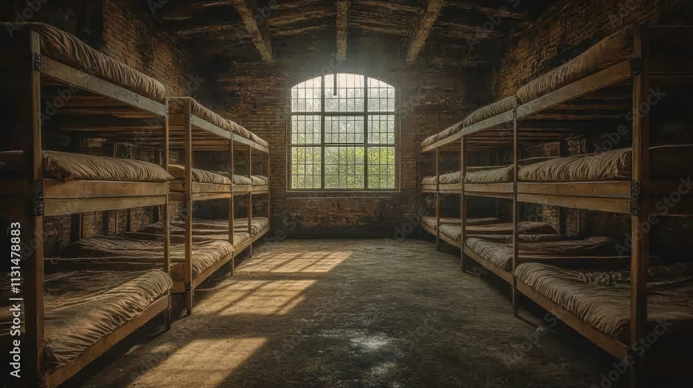 Poster rows of empty bunk beds in a deserted barracks room with sunlight streaming through the window